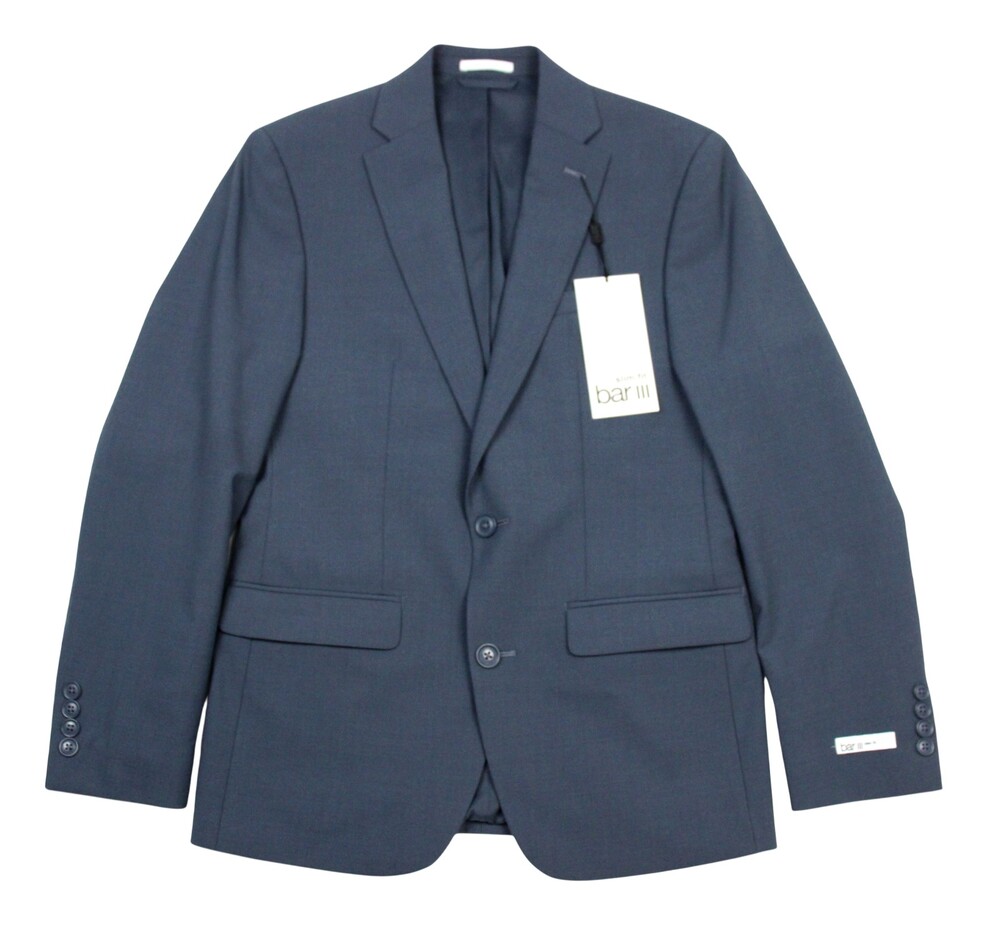 $425 Bar III Mens Blue Suit Jacket 44 L Slim Fit Wool Blend Stretch Two Button
